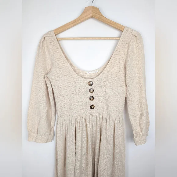Cream Button Cotton Dress 3/4 Length Smocked Boho Earthy Size Medium - Picture 2 of 8